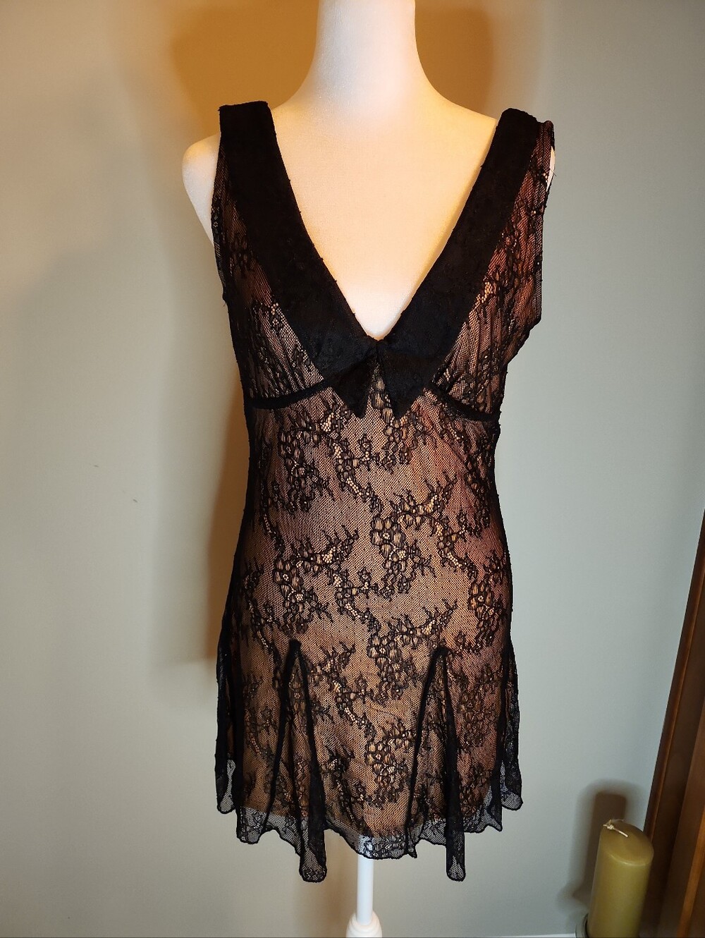 Black Lace Nude Lining Goth V-Neck Mini Dress